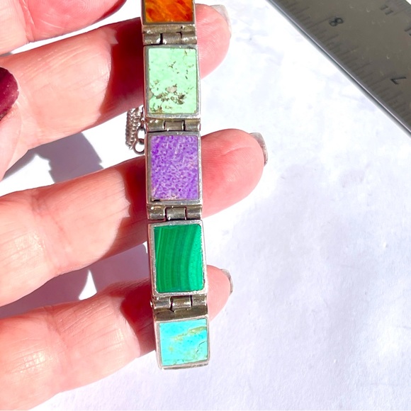 Vintage Taxco Sterling Silver Multiple Gemstone Rect. Panel Bracelet Reversible - Picture 10 of 17